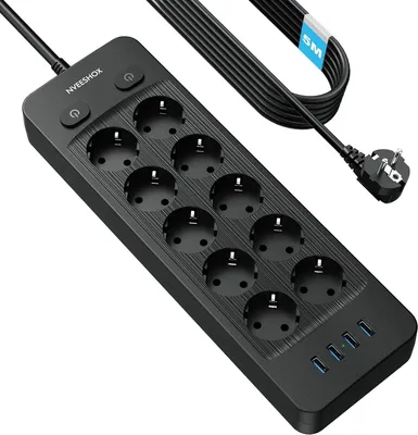 Produktbild von Steckdosenleiste – Einzeln schaltbar – Mehrfachsteckdose mit 10 Steckplätzen und 4 USB-Anschlüssen – 5 m Kabel