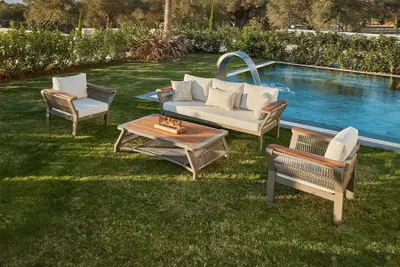 Image de Skye Decor, Vicenza, ensemble de salon de jardin, couleur cappuccino, 100 % polyoléfine, dimensions : 214 x 69,5 x 77,5 cm