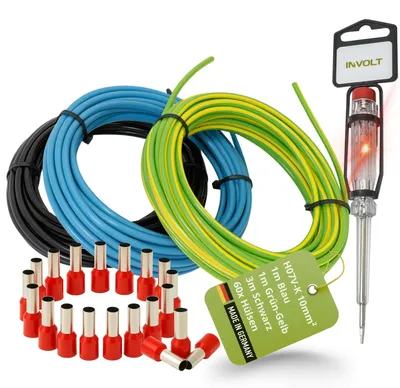 Produktbild von H07V-K 10 mm² Verdrahtungsleitung Set je 1m Blau u. Grün-Gelb + 3m Schwarz, 60 Aderendhülsen, Phasenprüfer, Verdrahtungssatz für Zählerschrank