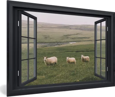 Produktbild von MuchoWow® MuchoWow® Gerahmtes Poster Durchblick - Gras - Schafe 90x60 cm - Poster mit zchwarzem Bilderrahmen - Fotorahmen - Foto-Plakat