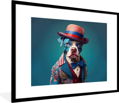 Produktbild von MuchoWow® Gerahmtes Poster Hund - Hut - Jacke - Blumen - Blau 80x60 cm - Poster mit Schwarzem Bilderrahmen Wandposter Rahmen Foto Bilder - Schlafzimmer-Dekorationen - Fotoposter