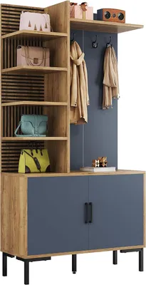 Zdjęcie produktu dla Zestaw mebli do przedpokoju: garderoba ścienna z półkami i haczykami, idealna do przedpokoju lub salonu, wymiary: 100x40x190 cm. Zestaw mebli do przedpokoju: szafka garderobiana z 2 drzwiami i szafką na buty, kolor: czarny + kolor drewna