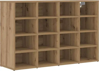 A wooden shoe cabinet with multiple compartments.