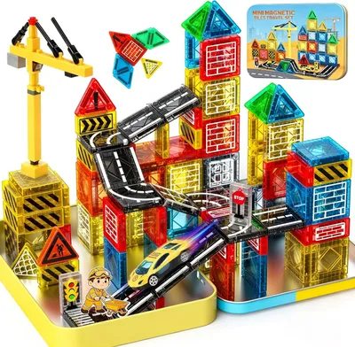 Produktbild von Mini Magnetische Bausteine Reiseset 53-teilig – Magnetisches Baustellen-Bauset mit Spielzeugauto & Kran – Reisespielzeug für Kinder ab 3 Jahren – Lernspielzeug für Jungen & Mädchen – Metallbox