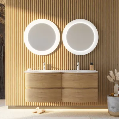 Immagine prodotto di Mobile bagno sospeso curvo da 140cm in rovere doppio lavabo in resina | Los angeles
