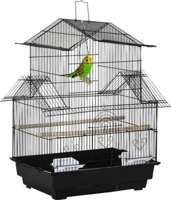 Obrázek produktu pro Klec pro ptáky - S 5 dvířky, 2 krmítky, 2 závěsy - Ocel a PP - Rozměry 50,5 × 41 × 63 cm - Černá barva