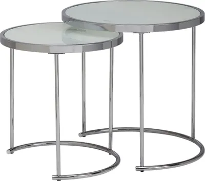 Produktbild von WOHNLING Design Beistelltisch Rund Ø 50/42 cm - 2 teilig Weiß Silber mit Glasplatte Wohnzimmertisch 2er Set Satztisch Milchglas Couchtisch