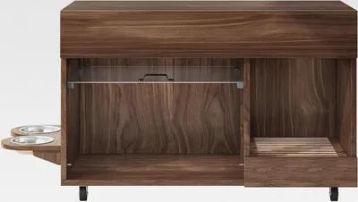 Produktbild von Katzenklo-Schrank, Bewegbar mit Sandauffangschale & Futterstation, Katzentoilettenschrank mit Lochplatte & Aufbewahrungsregal für Katzenzubehör, 100x45.5x67cm Nussbaum