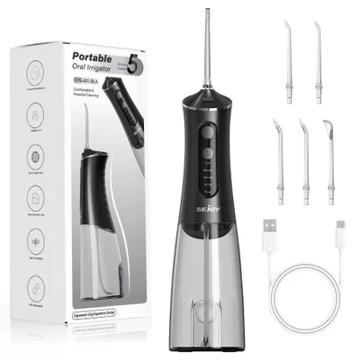 Image de Irrigateur buccal portable - 5 niveaux de pression - Réservoir d'eau de 350 ml - Rechargeable - 5 buses - USB-C - Noir