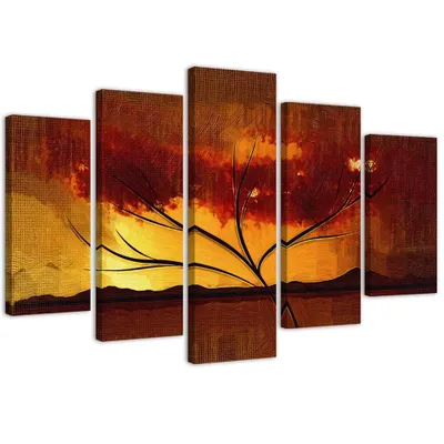 Produktbild von 5-teiliges leinwandbild afrikanischer baum 150x100 cm Feeby braun wandbild bereit zum aufhängen