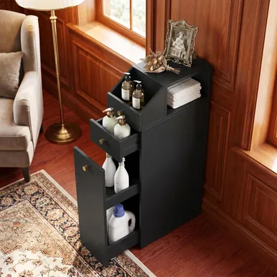 Produktbild von Badezimmer-Nischenschrank schmal, 40x20x80 cm, Schwarz, Schubladen auf Rollen, Toilettenschrank, platzsparend