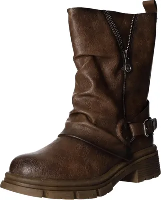 A single brown biker boot is shown against a white background.