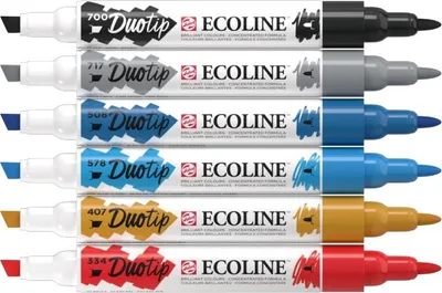 Produktbild von Ecoline Duotip, 6 Stück(e), Schwarz, Blau, Grau, Hellblau, Hellorange, Rot, 10 Jahr(e), Meißel/feine Spitze, Weiß, Rund