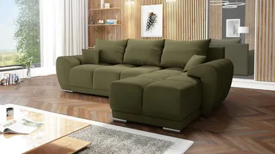 Produktbild von Velvet Ecksofa in L-Form – Olive Sofa – Couch mit Stauraum und Kissen - Ausziehbares Schlafsofa – Sofa mit Schlaffunktion - Schlafsofa mit Bettkasten – Gästebett – 289 x 189 cm