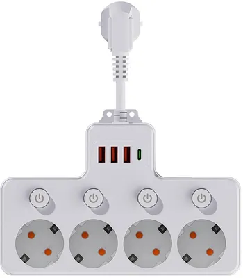 Produktbild von Steckdosenleiste mit USB – 8 Steckdosen, 4 USB, Schalter, 2500W Weiß