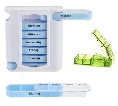 Produktbild von Tablettenbox Pillenbox Reise Box 7 Tage 4 Fächer weiß blau und Pillenteiler