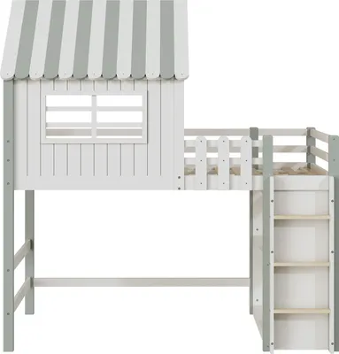 Produktbild von Flieks Etagenbett 90x200 mit Rausfallschutz, Kinderbett Hausbett mit Lattenrost, Hochbett Stockbett mit Leiter, Holzbett Einzelbett Grün