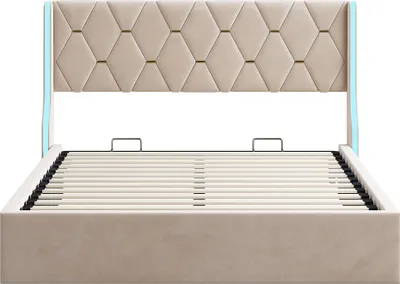 Produktbild von Fortuna Lai Polsterbett 140x190 cm, gepolstertes Bett mit LED, Doppelbett mit Stauraum und Lattenrost, in beige Samt