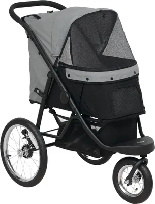Zdjęcie produktu dla Wózek dla psa PawHut Jogger Dog Buggy składany dla małych psów i kotów do 10 kg, z 3 dużymi gumowymi kołami, poduszką, siateczką, koszem do przechowywania, wózkiem dla kota ze smyczami bezpieczeństwa, szary