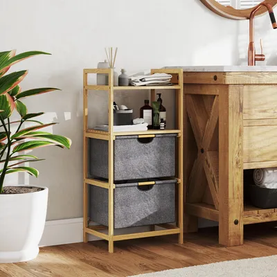 Produktbild von Wäscheregal Bambus mit 2 Stoffkörben, Wäschesortierer, Regal Naturholz | 44 x 34 x 96 cm | 2 x 17,7 L | 14 kg