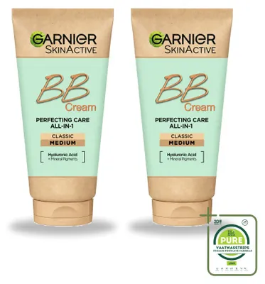 Imagen del producto de 2 unidades de crema BB SkinActive de Garnier, tono medio clásico, con 5 beneficios en 1, 50 ml. Pack grande