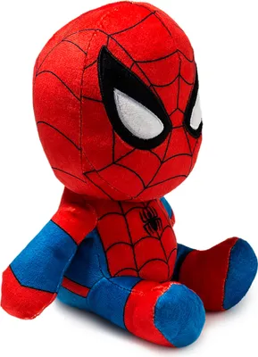 A plush toy of the character Spiderman sitting down, shown from a side angle.