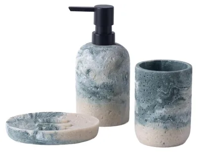 Immagine prodotto di Set da bagno 3 pezzi: dispenser per sapone, portasapone e porta spazzolini, in resina, colore grigio-verde