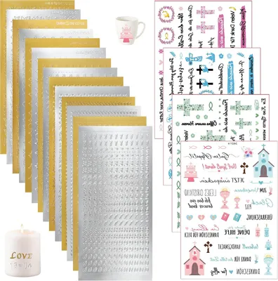 Image de Ensemble de 18 autocollants pour bougies, dorés, avec des lettres et des motifs chrétiens, pour décorer les bougies de baptême
