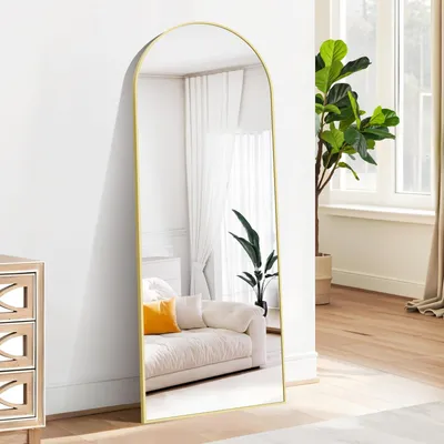 Productafbeelding van Staande spiegel - Gebogen spiegel volledige lengte - 165 x 60 cm - Goud en zwart - Passpiegel met standaard - Wandspiegel