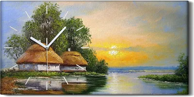 Produktbild von Wanduhr Uhr Wandbild Leinwand Geräuschlos 60x30 Ölgemälde Hütte auf dem Land - weiße Hände