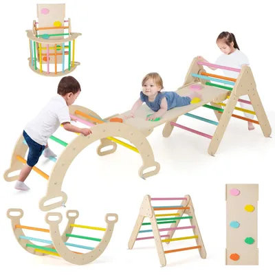 Produktbild von COSTWAY 4 in 1 Kletterdreieck & Kletterbogen & Leiter & Rutsche, Klettergerüst mit doppelseitigen Rampe, Sprossendreieck zum Klettern, Rutschen und Wippen, für Kleinkinder ab 1 Jahre (Bunt)