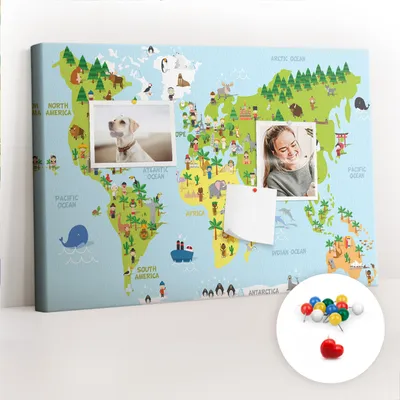 Obrázek produktu pro Korková nástěnka s kolíčky - Tabule s kolíky pro fotografie a poznámky - 60x40 cm - Připínáčky barevné 100 kusů - Kulturní mapa světa