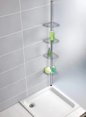 Immagine prodotto di Uniqoos® Porta doccia telescopico angolare con 4 ripiani in acciaio inossidabile, regolabile in altezza da 65 a 275 cm, senza foratura, adatto per doccia e vasca da bagno