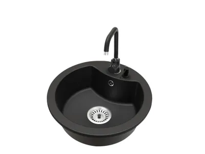 Produktbild von Granit Küchenspüle rund 1 Becken MILA Set mit Armatur STEEL (verschiedene Farben), Spender und Siphon Komplettset Einbauspüle