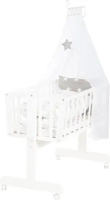 Produktbild von roba Babywiege Little Stars 40 x 90 cm aus Holz - Stubenwagen & Wiege - Bett-Set komplett mit Feststellfunktion & textiler Ausstattung - Weiß / Grau