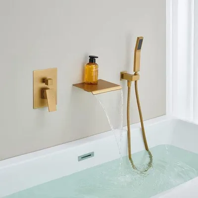 Obrázek produktu pro Vestavná vanová baterie WEBO Deluxe s ruční sprchou, matné kartáčované zlato, design vodopádu, ovládání 2 tlačítky
