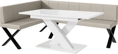 Produktbild von MEBLINI Eckbank für Esszimmer mit ausziehbarem Tisch - Küchenbank - Essecke - Sitzecke Küche - PETER - X-Beine 142x196x87cm Links - Beige Kunstleder/B Weiß Hochgl.