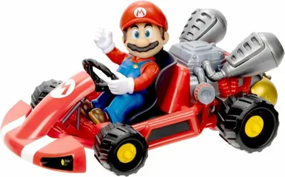 A toy Mario Kart with Mario driving.