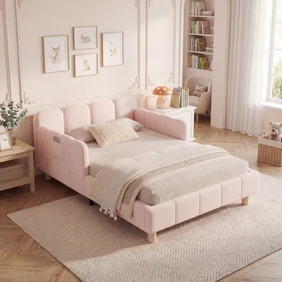 Produktbild von Flieks Kinderbett 90x200cm mit Rausfallschutz, Polsterbett mit Verstellbaren Armlehnen, Einzelbett Holzbett mit Holzbeinen, Samt, Rosa