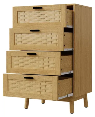 Obrázek produktu pro Komoda – 4 zásuvky – ratanový design – nohy z kaučukového dřeva – MDF – 50 x 40 x 95 cm – přírodní