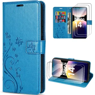 Image de Coque et 2 Verres Trempés pour Xiaomi Redmi Note 14 Pro 5G, Protection Cuir Synthétique Motif Papillon Bleu