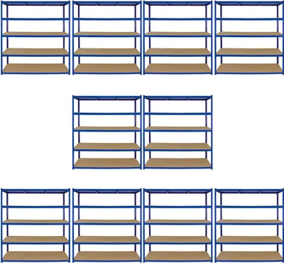 Image de Offre spéciale Monster Racking : lot de 10 rayonnages T-Rax pour charges lourdes, rayonnages de stockage, rayonnages de garage, rayonnages en acier, rayonnages industriels, rayonnages d'atelier, rayonnages de cave, rayonnages à emboîter, rayonnages métalliques sans vis, bleu, 180 cm H x 120 cm L x 60 cm l