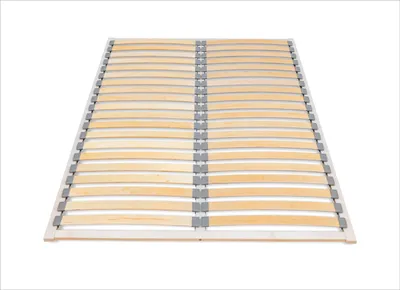 A wooden bed frame slatted base on a white background.