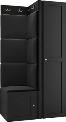 Produktbild von MIRJAN24 Garderoben-Set Orion Ramiro XXV, Kleiderschrank, Schuhschrank, Kleiderhakenbrett, 7x Paneel 42x42, 6 Kleiderhaken für Kleidung, Metallgriffe (Farbe: Schwarz, Manila 18)