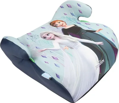 Produktbild von Tataway Disney Frozen i-Size ECE R129 Sitzerhöhung. Kindersitzerhöhung für Kinder von 125 bis 150 cm Größe. Sitzerhöhung mit Elsa- und Anna-Grafiken, Kindersitz auf blauem Hintergrund.