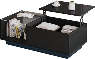 Immagine prodotto di okwish Tavolino da caffè a LED con finitura lucida, tavolino con portaoggetti e ripiano nascosto, tavolino regolabile in altezza, nero
