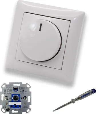 Produktbild von REV Ritter LED Drehdimmer LED-Dimmer mit Busch Jäger Dimmerscheibe Zentralplatte 2115-914 Einfachrahmen in Balance Si alpinweiß glänzend inklusive EBROM Phasenprüfer z. Montage des Dimmers ET1 66012B