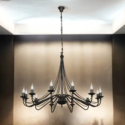 Produktbild von Kronleuchter Schwarz aus Metall 12-flammig E14 Rustikal opulent Wohnzimmer Lampe Esstisch Hängeleuchte