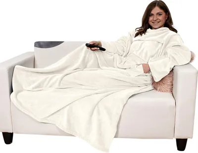 Produktbild von heimtexland ® Kuscheldecke Cashmere Feeling TV Decke mit Ärmeln und Tasche Ganzkörperdecke Sofadecke Flauschig Weich Wärmend Ärmeldecke Typ753 Creme