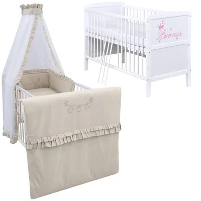 Produktbild von Baby-Delux Babybett Kinderbett Natalie Princess 70x140 Weiß mit Matratze Komplett Bettset Royal Beige Rüsche